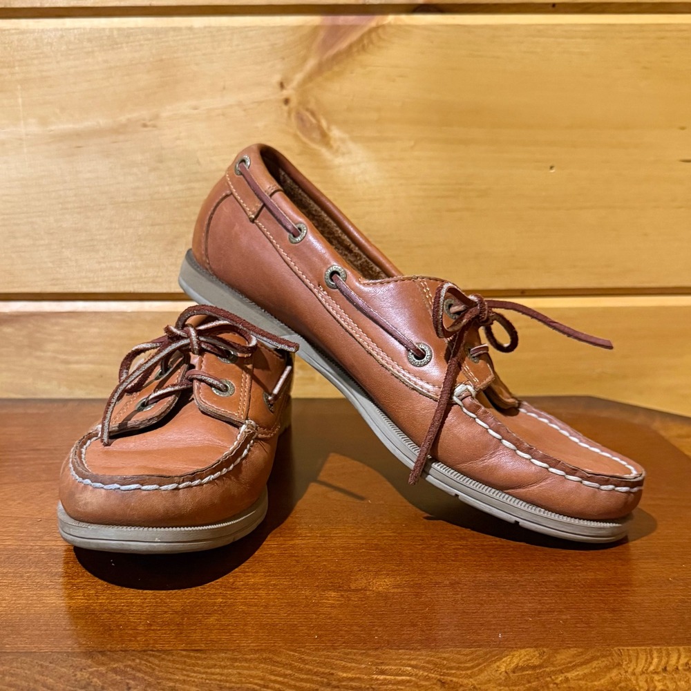 Rockport Womens Tan Leather Boat Shoes Classic Nautical Deck Loafers Brown 8.5 - Picture 2 of 9